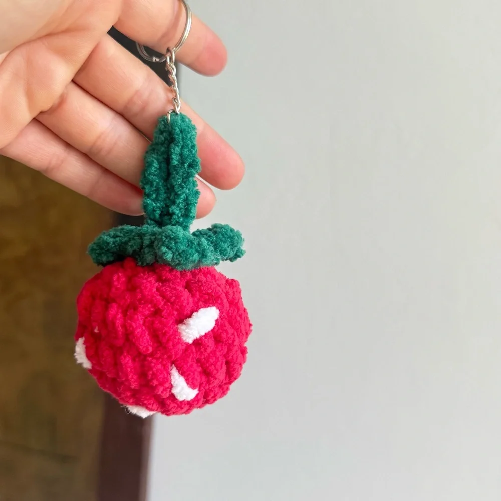 Handmade Strawberry Crochet Plushie Keychain – Soft Chenille Yarn Mini Bag Charm